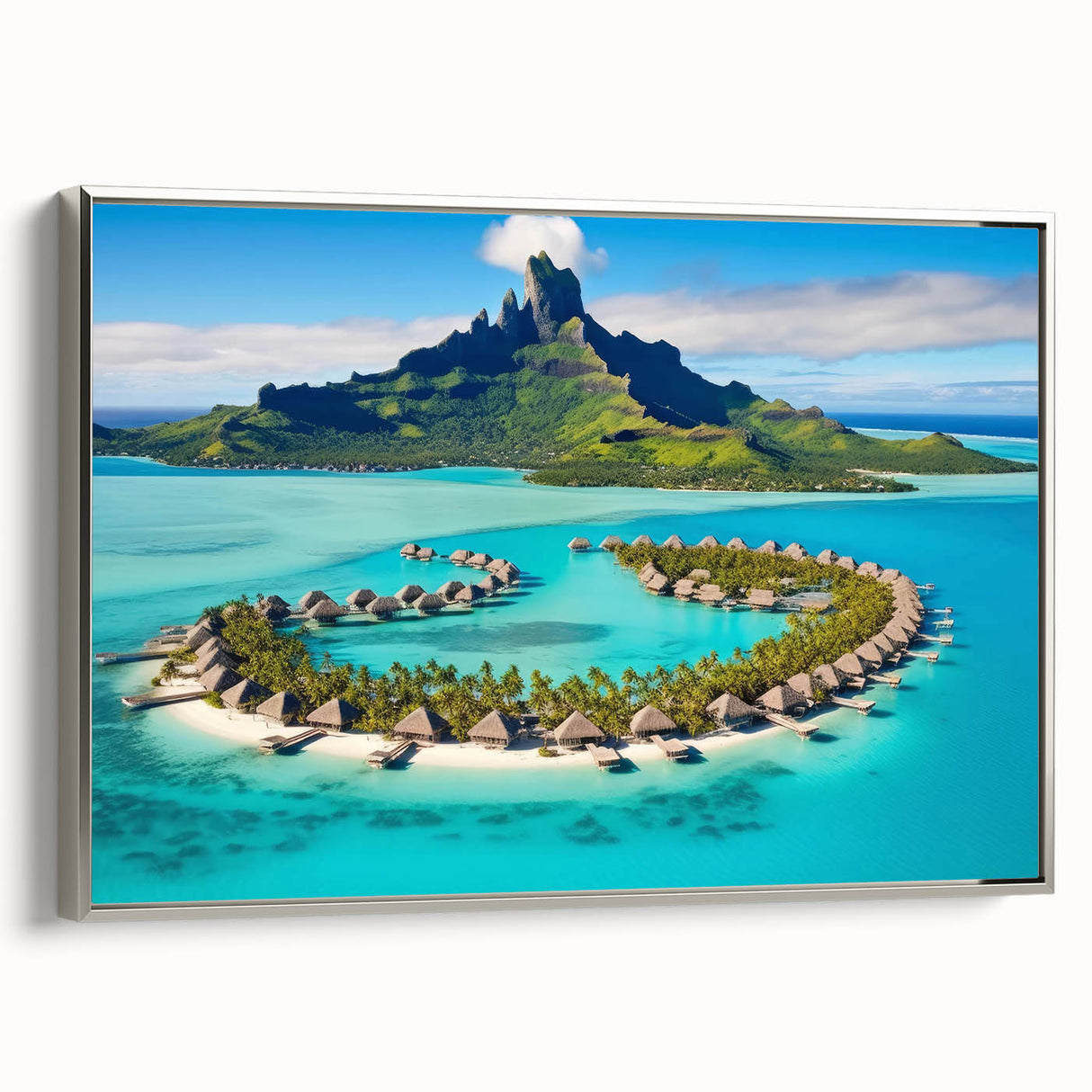Framed canvas wall art showcasing a serene beach landscape with vibrant colors and silver framing, perfect for adding a coastal vibe to any room decor.