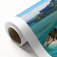 Vibrant rolled canvas wall art depicting a serene beach landscape, showcasing golden sands and turquoise waters, perfect for coastal home decor.