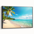 Framed canvas wall art showcasing a serene beach landscape design, featuring soft pastel colors and a sleek black frame, ideal for enhancing modern home decor.