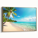 Framed canvas wall art showcasing a serene beach landscape with vibrant blue skies and golden sand, elegantly presented with a gold frame for added elegance.