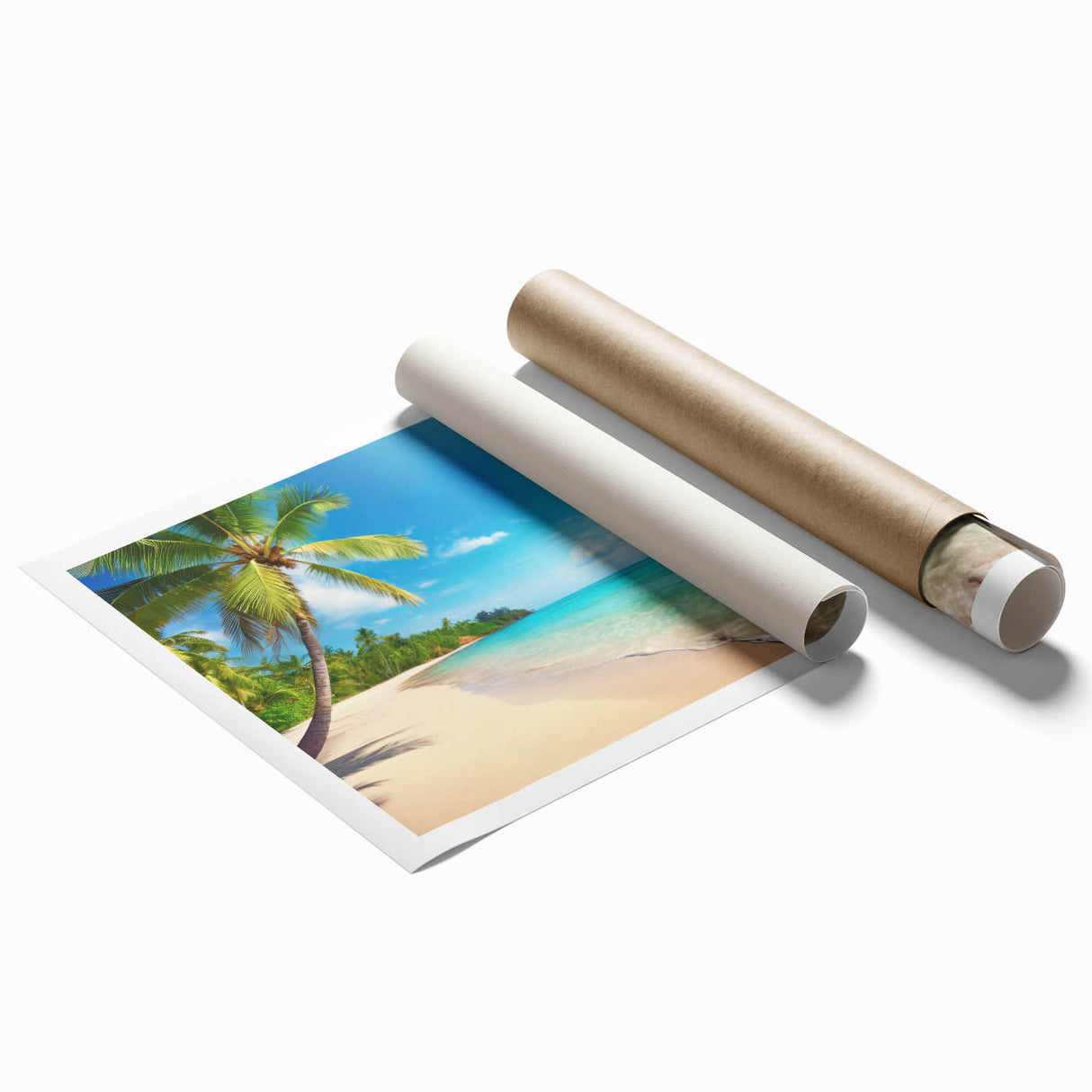 Vibrant rolled print showcasing a serene beach landscape with soft waves and golden sand, ideal for wall art decor, presented in a protective cardboard tube.