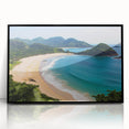 Framed acrylic wall art featuring a serene beach landscape design, showcasing vibrant blue skies and tranquil ocean waves, ideal for coastal home decor.