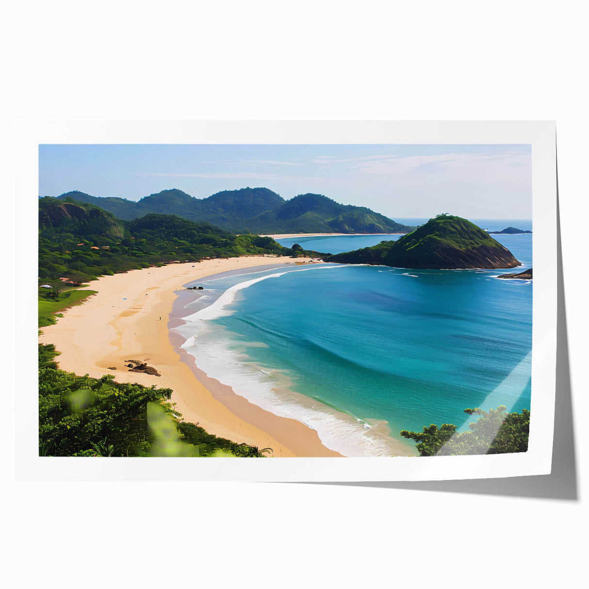 Colorful beach landscape wall art print showcasing vibrant sunsets and gentle waves, rolled for easy display and shipping in a protective tube. Perfect for coastal decor enthusiasts.