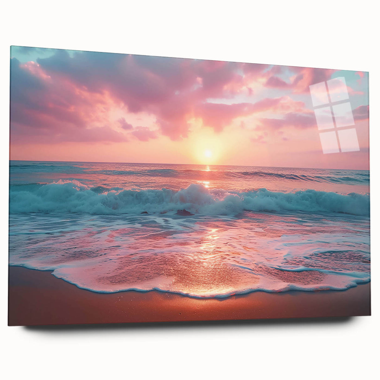Acrylic glass wall art collection showcasing a serene beach landscape with vibrant colors and intricate details, elegantly displayed without pins, perfect for home decor.
