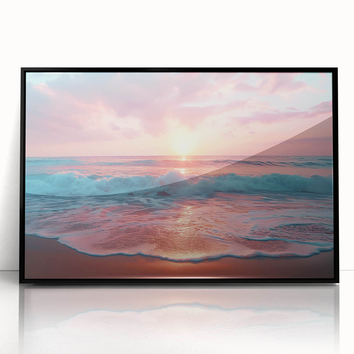 Framed wall art collection showcasing a stunning beach landscape in vibrant colors, featuring a black frame and acrylic finish, ideal for coastal decor.