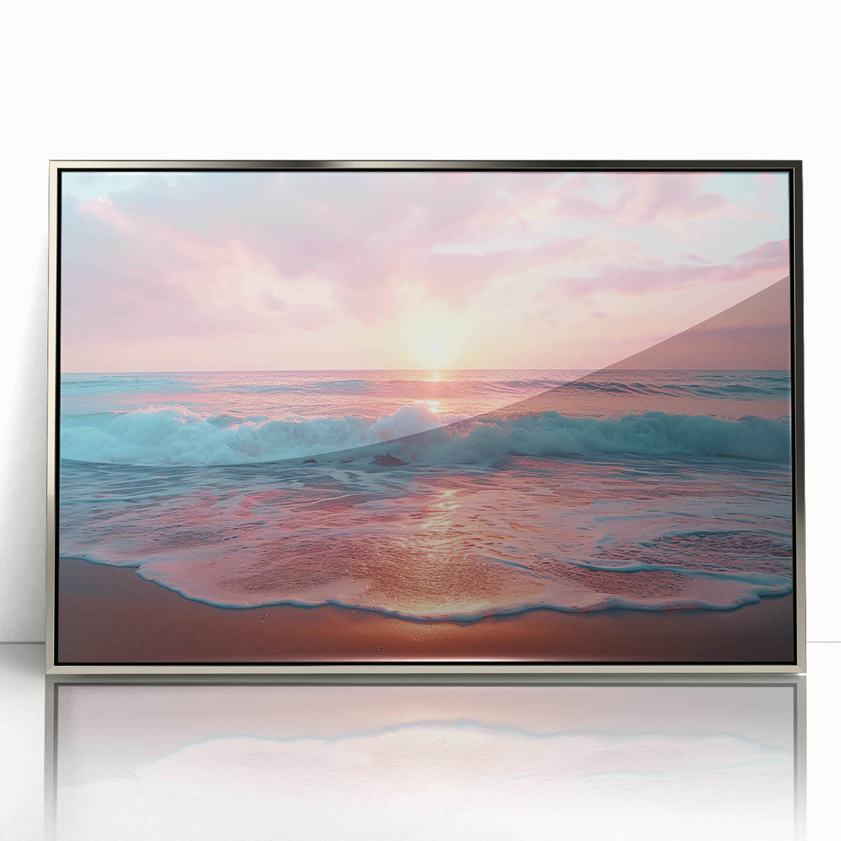 Framed acrylic wall art showcasing a serene beach landscape design in silver tones, enhancing modern decor with a calming ocean view and elegant finish.