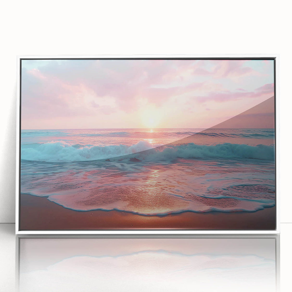 Framed wall art collection showcasing a serene beach landscape design with vibrant colors, set in a sleek white frame, ideal for home decor enhancement.