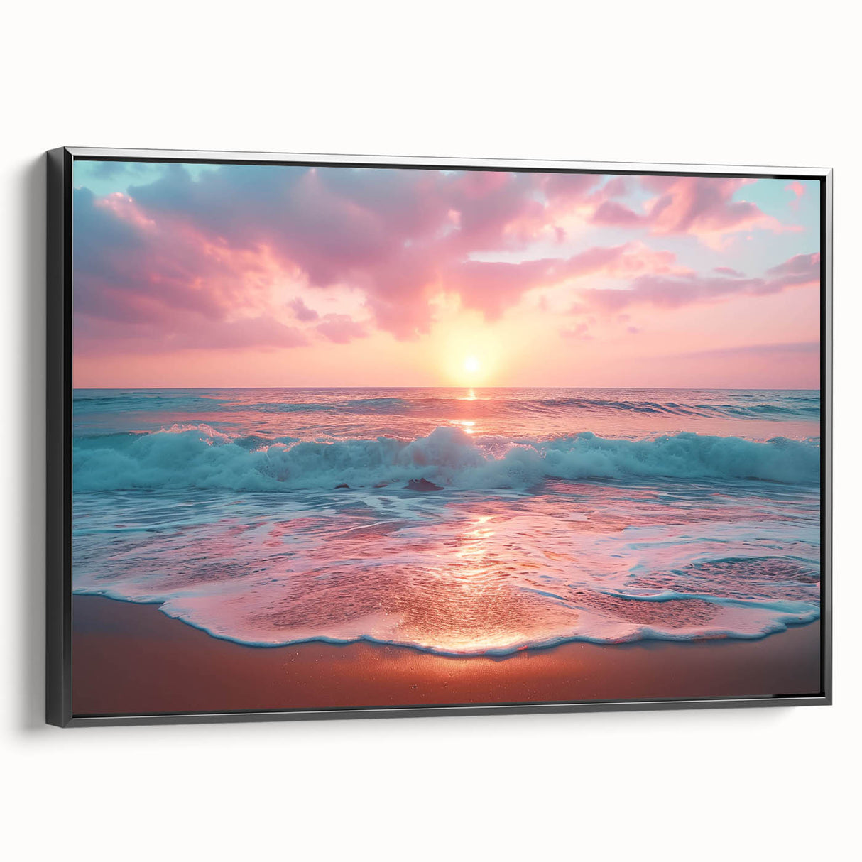 Framed canvas wall art showcasing a serene beach landscape with vibrant colors and intricate details, featuring a sleek black frame for a modern aesthetic. Ideal for home decor enthusiasts seeking to enhance their living space with coastal vibes.