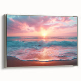 Framed canvas wall art showcasing a serene beach landscape with vibrant colors and intricate details, featuring a silver frame and perfect for coastal decor.