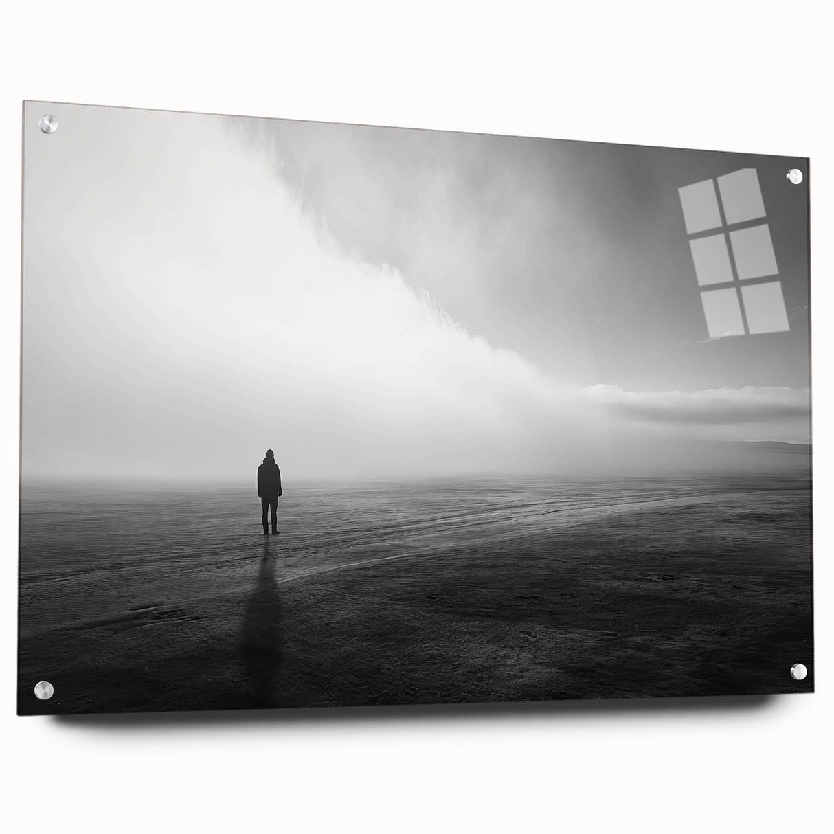 Acrylic wall art collection showcasing a vibrant beach landscape design, displayed in a sleek glass frame with decorative pins for a modern aesthetic. Perfect for coastal-themed decor.