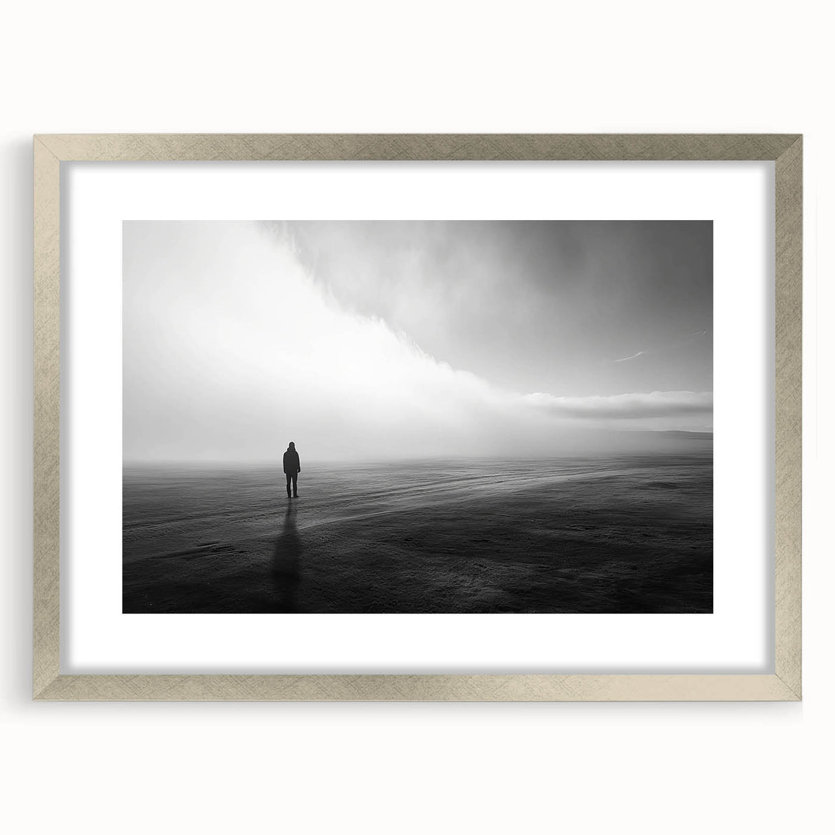 Silver-framed wall art collection showcasing serene beach landscapes, elegantly matted for a polished look, ideal for home decor and relaxation themes.