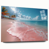 Acrylic glass wall art showcasing a serene beach landscape, highlighting vibrant blues and sandy hues, designed for modern decor and visual tranquility.