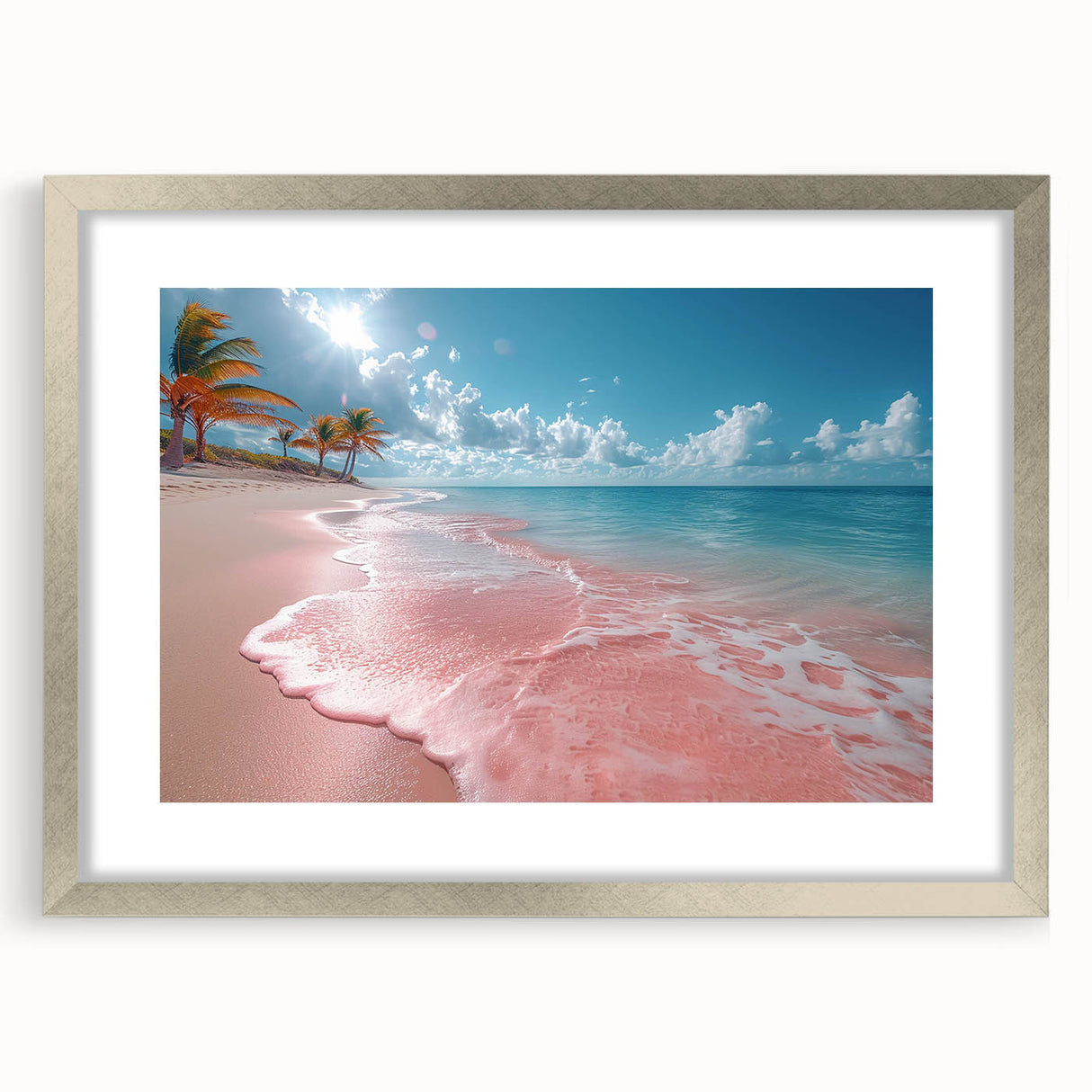 Framed wall art featuring a serene beach landscape with soft waves and a sunset, elegantly presented in a silver frame with a mat for added depth and sophistication.