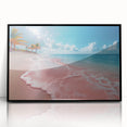 Framed acrylic wall art featuring a vibrant beach landscape with blue skies and golden sands, designed to enhance any modern interior decor.