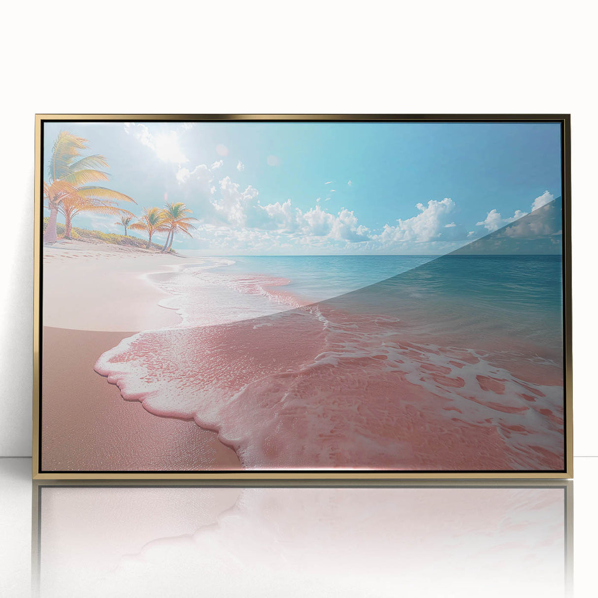 Framed wall art showcasing a scenic beach landscape with golden hues, designed to enhance modern interiors, featuring an acrylic front for a sleek finish.