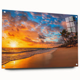 Acrylic glass wall art displaying a vibrant beach landscape design, showcased from a side view with decorative pins. Ideal for modern home decor.