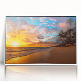 Framed acrylic wall art depicting a serene beach landscape, featuring soft pastel colors and calming waves, ideal for enhancing home decor with a coastal theme.