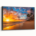 Framed canvas wall art showcasing a serene beach landscape design with vibrant colors and a black frame, ideal for enhancing modern home décor.