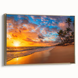 Framed canvas wall art depicting a serene beach landscape with golden tones and textured details, showcasing a side view of the design, perfect for home decor.
