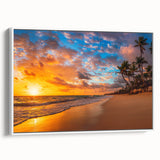 Framed canvas wall art showcasing a tranquil beach landscape with vibrant colors, ideal for home decor, featuring a white frame from the side view.