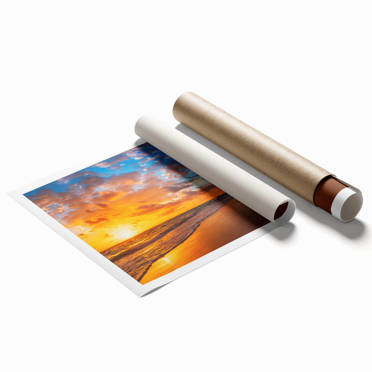 Vibrant beach landscape wall art print rolled and ready for display, showcasing a serene tropical scene with soft waves and a bright sunset, ideal for home decor.
