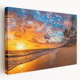 Stretched canvas wall art showcasing a serene beach landscape with vibrant blues and soft sand tones, designed to enhance home decor with its tranquil vibe.