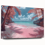 Acrylic glass wall art collection showcasing a stunning beach landscape design, presented in a side view with visible mounting pins, perfect for coastal decor enthusiasts.