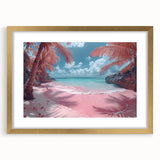 Framed wall art design showcasing a serene beach landscape with golden accents, featuring a mat for enhanced presentation and elegance. Ideal for coastal decor enthusiasts.