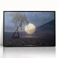 Framed acrylic wall art collection showcasing serene beach landscapes, with a sleek black frame, enhancing any modern home decor with calming ocean hues.