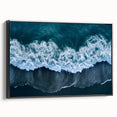 Framed canvas wall art showcasing a serene beach landscape with vibrant colors, black frame, and a stylish side view, perfect for modern home decor.