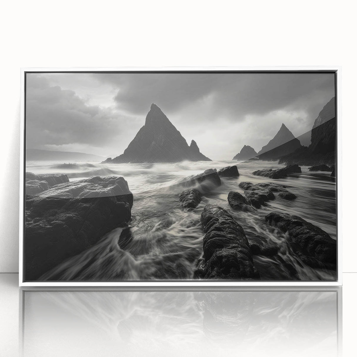 Framed acrylic wall art depicting a serene beach landscape with vibrant colors, set in a sleek white frame, perfect for contemporary home decor.
