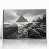 Framed acrylic wall art depicting a serene beach landscape with vibrant colors, set in a sleek white frame, perfect for contemporary home decor.