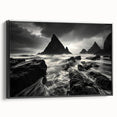 Framed canvas wall art showcasing a serene beach landscape design, featuring vibrant colors and a sleek black frame, ideal for modern home decor.