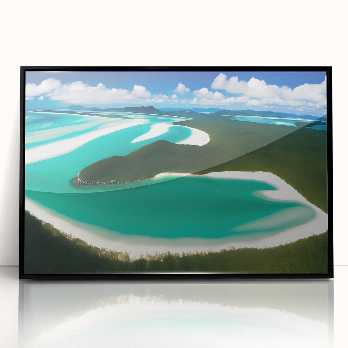 Framed acrylic wall art showcasing a serene beach landscape in vibrant colors, set in a sleek black frame, perfect for modern home decor.