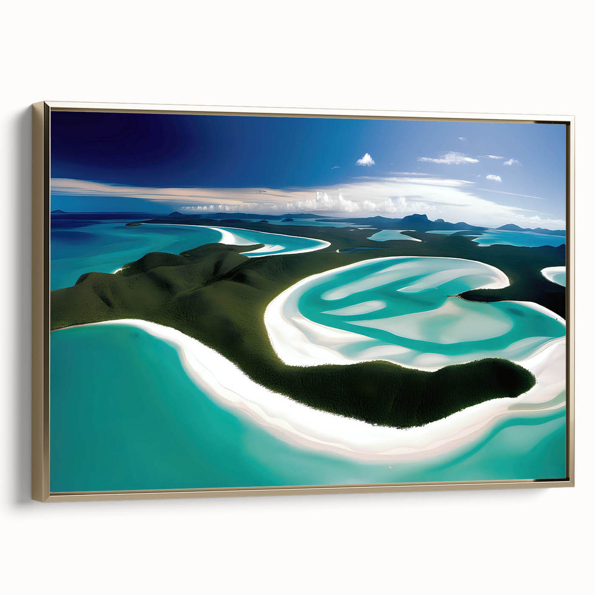 Framed canvas wall art depicting a serene beach landscape with golden hues, showcasing gentle waves and a vibrant sunset, ideal for coastal decor.