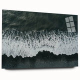 Acrylic glass wall art showcasing a serene beach landscape with vibrant colors, elegantly displayed from a side view, perfect for home decor.