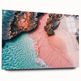 Side view of a stunning acrylic glass wall art piece showcasing a vibrant beach landscape design, elegantly mounted with pins for a modern aesthetic. The artwork captures the essence of coastal beauty, featuring soft waves and a clear blue sky, perfect for enhancing any living space.