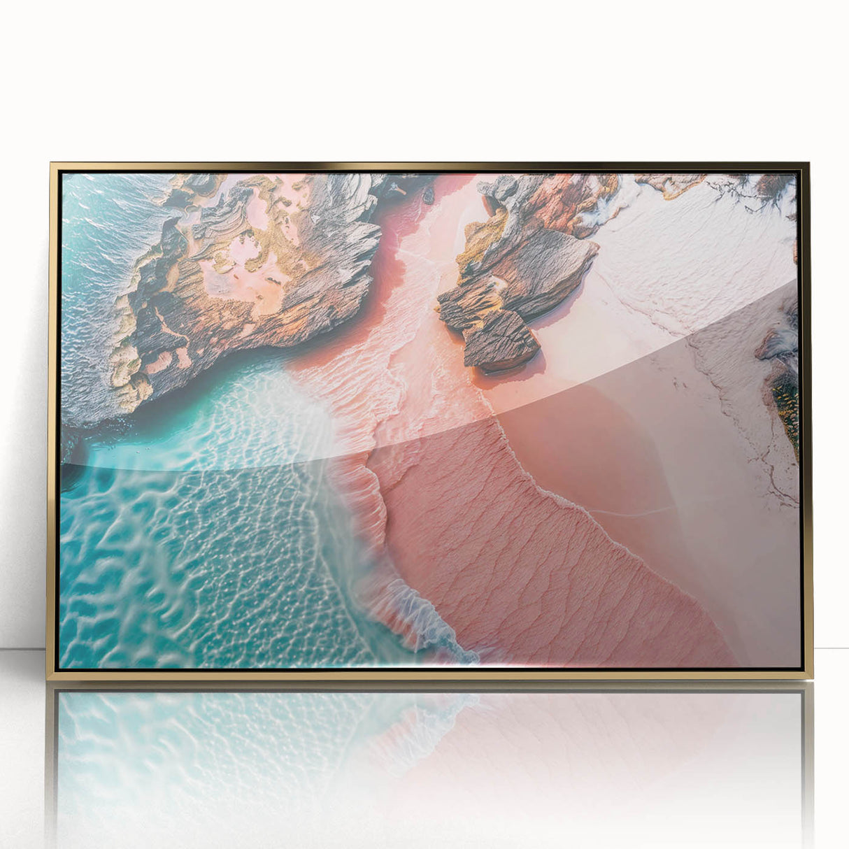 Framed acrylic wall art showcasing a serene beach landscape with golden accents, perfect for home decor. The piece captures vibrant colors and tranquil scenery, enhancing any interior space.