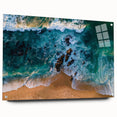 Acrylic glass wall art collection showcasing a serene beach landscape, displayed in a stylish side view with colorful pins, perfect for enhancing modern decor.