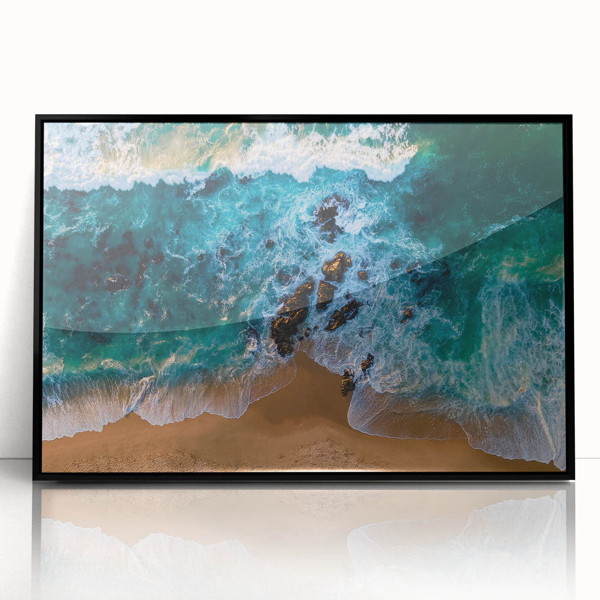 Framed wall art collection showcasing a serene beach landscape design with vibrant colors, presented in a sleek black frame, ideal for modern decor.