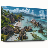Acrylic wall art collection showcasing a vibrant beach landscape design. The artwork features vivid colors and intricate details, elegantly displayed in a side view with pins for hanging, ideal for enhancing home decor.