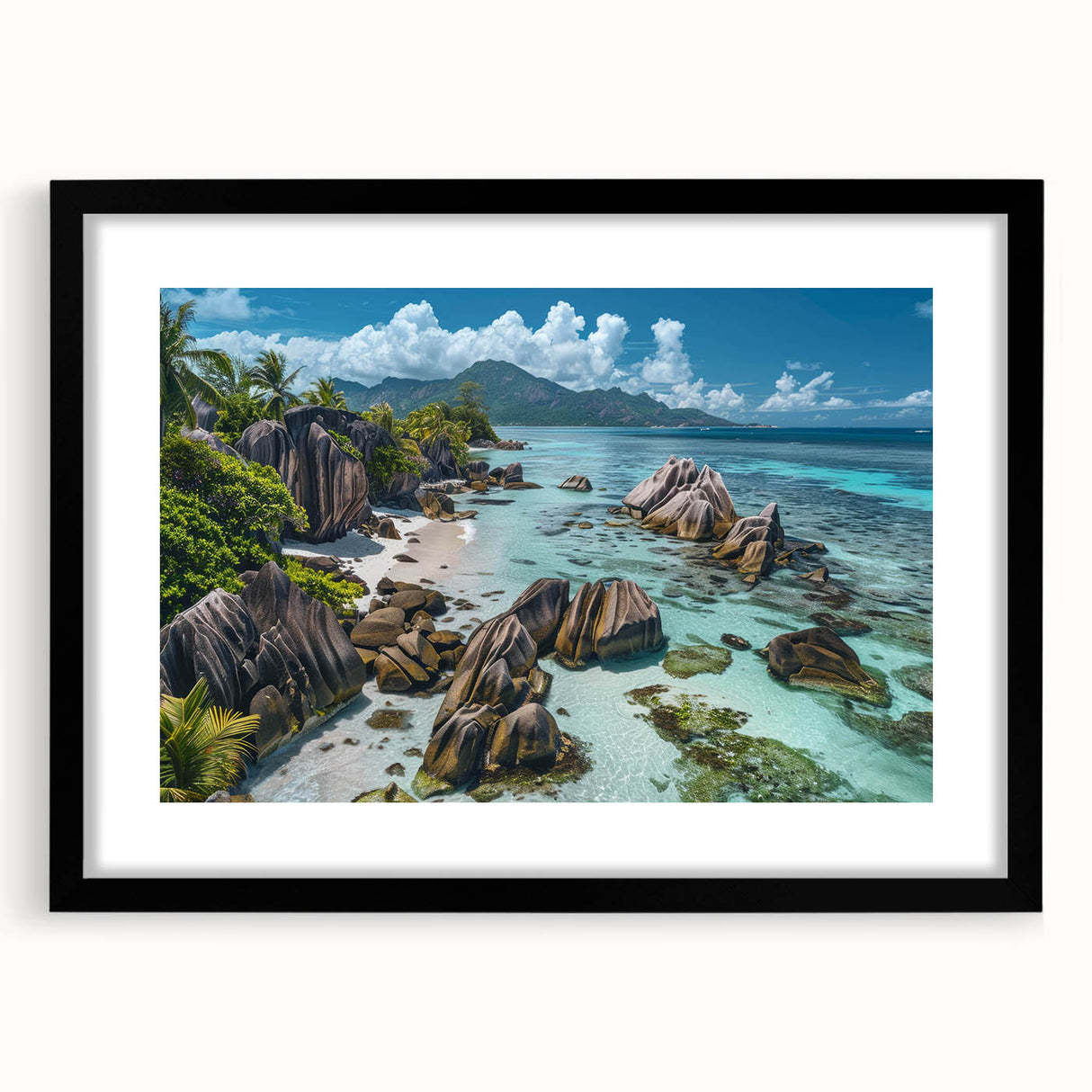 Framed wall art collection showcasing a serene beach landscape design with a black frame and mat, perfect for enhancing home decor and creating a calming atmosphere.