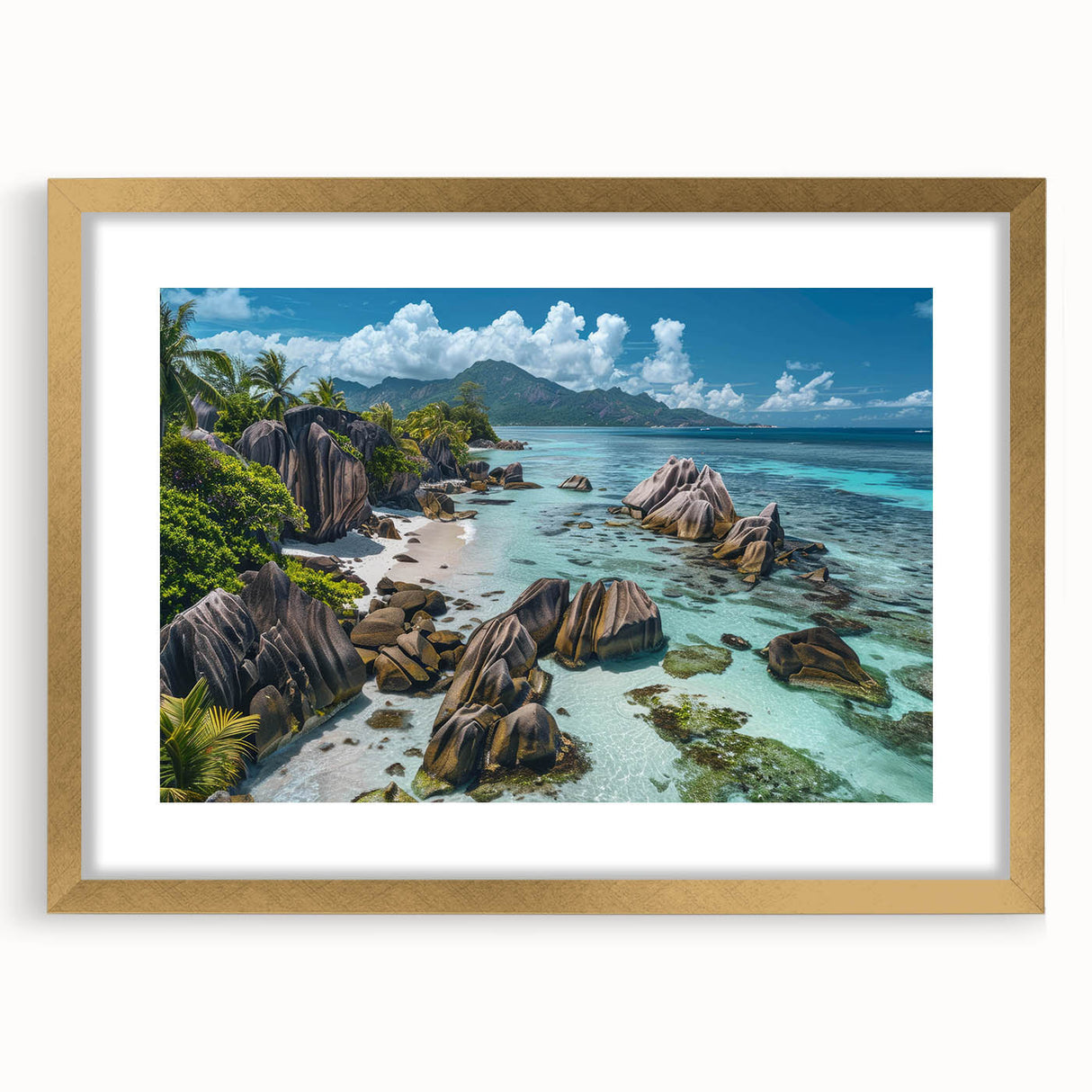 Framed wall art collection showcasing vibrant beach landscapes, featuring a gold mat and elegant frame, perfect for enhancing home decor aesthetics.