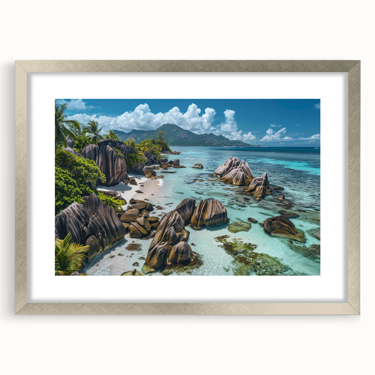 Framed wall art showcasing a serene beach landscape with vibrant colors, silver matting, and elegant design, perfect for home decor and coastal themes.