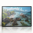 Framed acrylic wall art showcasing a serene beach landscape with vibrant colors, perfect for home decor. The sleek black frame adds a modern touch to any interior.