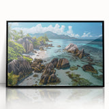 Framed acrylic wall art showcasing a serene beach landscape with vibrant colors, perfect for home decor. The sleek black frame adds a modern touch to any interior.