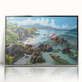 Framed acrylic wall art showcasing a serene beach landscape with vibrant colors, designed to add elegance to any living space. Perfect for coastal decor enthusiasts.