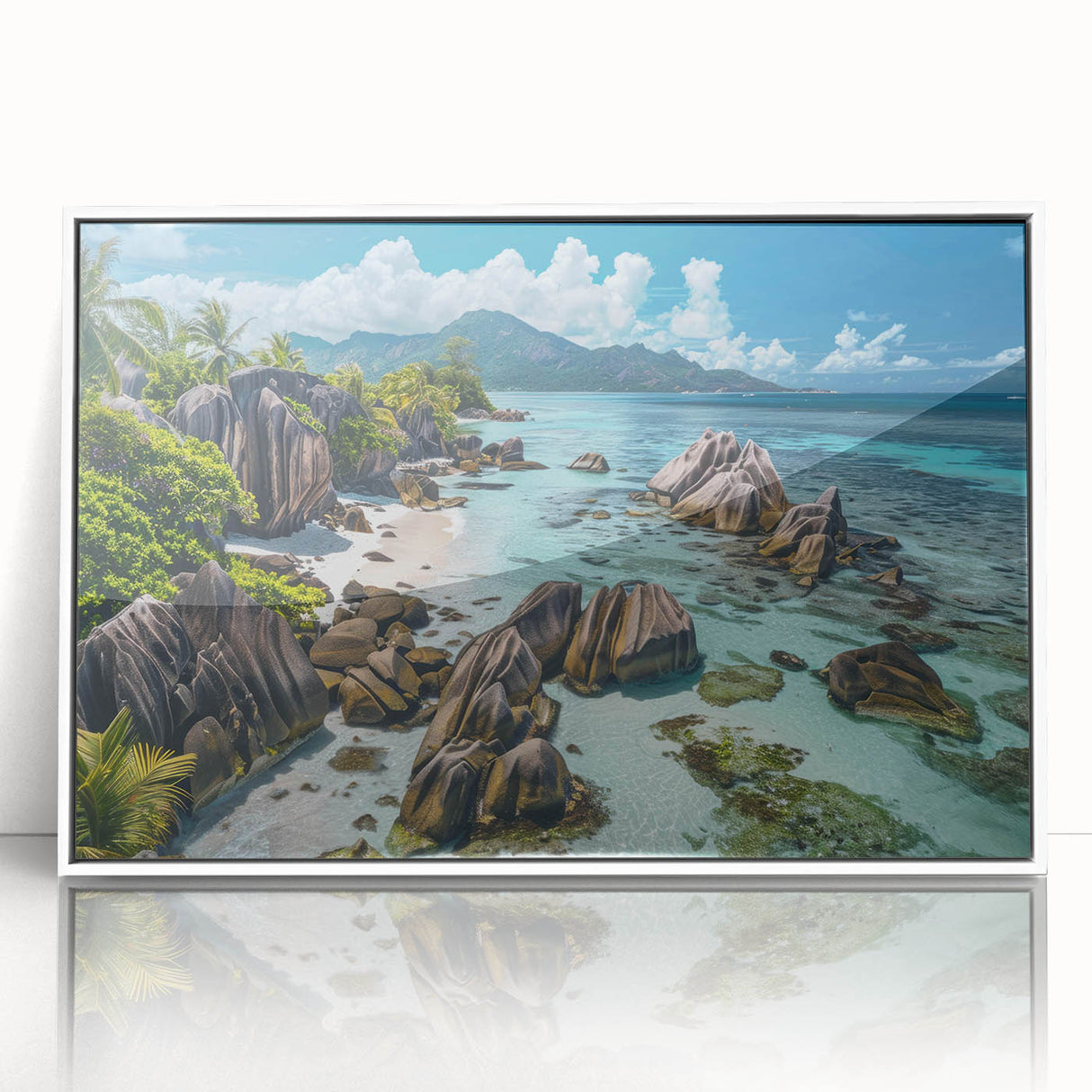 Framed acrylic wall art showcasing a serene beach landscape, featuring vibrant blues and sandy tones, perfect for enhancing home decor. Ideal for coastal-themed interiors.