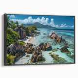 Framed canvas wall art showcasing a serene beach landscape design, featuring soft blue and sandy hues, presented in a sleek black frame, perfect for home decor.
