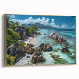 Framed canvas wall art depicting a serene beach landscape, featuring soft gold accents and a tranquil blue ocean, perfect for enhancing home decor aesthetics.